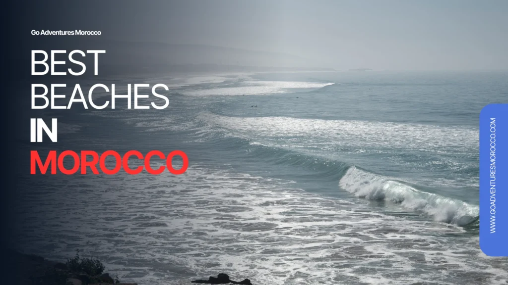 Best Beaches In Morocco_ to Visit “Aerial view of Agadir Beach, Morocco at sunset” “Surfers riding waves in Taghazout, Morocco” “Red rock arches at Legzira Beach, Morocco” “Tranquil Oualidia Lagoon with small boats and oyster farms” “Kitesurfers gliding over Dakhla Lagoon in Western Sahara”