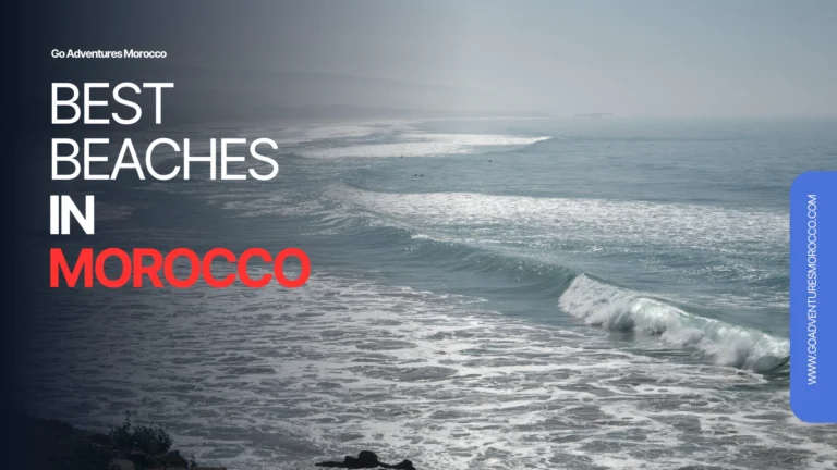 Best Beaches In Morocco_ to Visit “Aerial view of Agadir Beach, Morocco at sunset” “Surfers riding waves in Taghazout, Morocco” “Red rock arches at Legzira Beach, Morocco” “Tranquil Oualidia Lagoon with small boats and oyster farms” “Kitesurfers gliding over Dakhla Lagoon in Western Sahara”